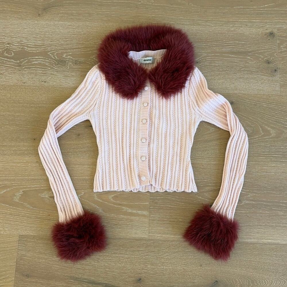 Guizio Faux Fur Trim Cardigan Pointelle Knit Size S Pink Red